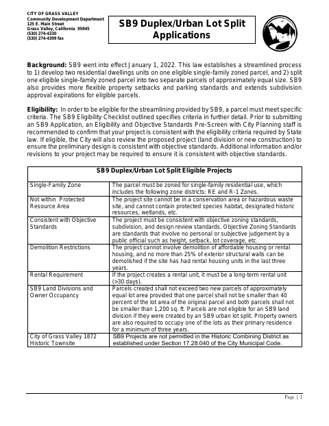 First page of the SB9 Duplex/Urban Lot Split Application