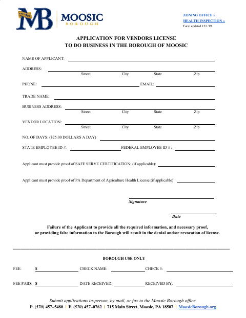 First page of the Application for Vendors License to Do Business in the Borough of Moosic