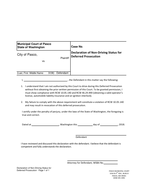 First page of the Declaration of Non-Driving Status for Deferred Prosecution
