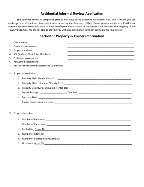 First page of the Residential Informal Review Application