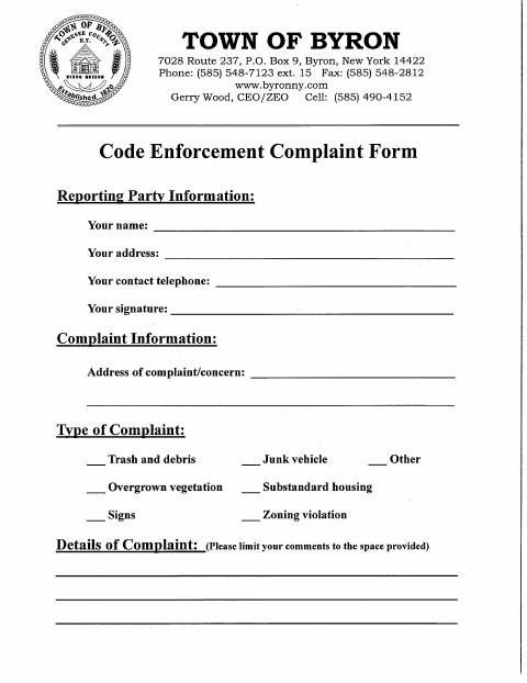 First page of the Zoning Complaint Form