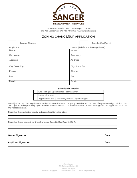 First page of the Zoning Change and Specific Use Permit Application