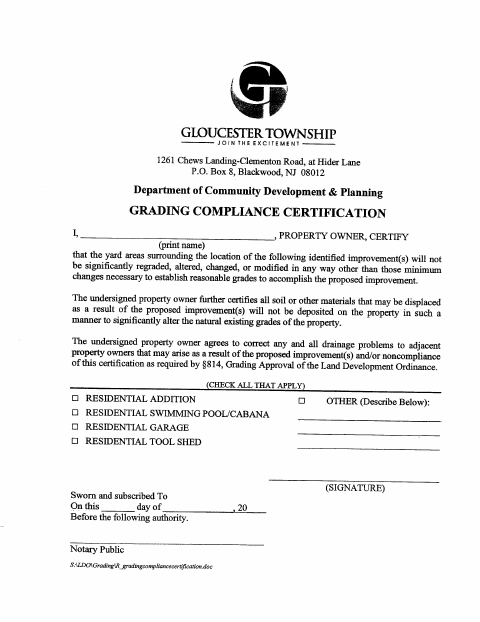 First page of the Grading Compliance Certification