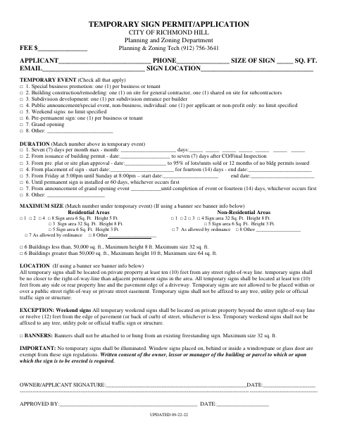 First page of the Temporary Sign Permit/Application
