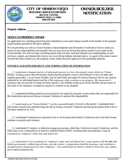 First page of the Owner-Builder Notification