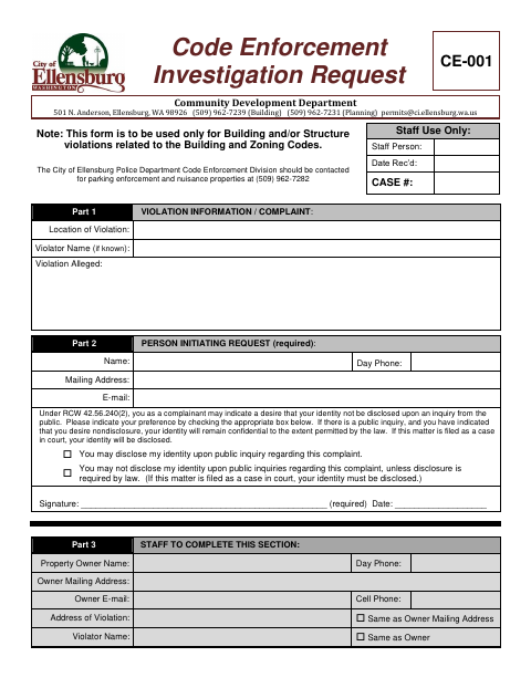 First page of the Code Enforcement Investigation Request