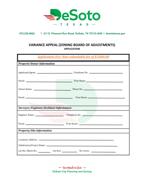First page of the Variance Appeal (Zoning Board of Adjustments) Application