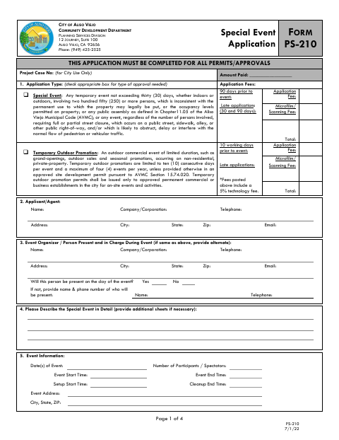 First page of the Special Event Application