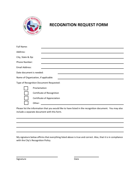 First page of the Recognition Request Form