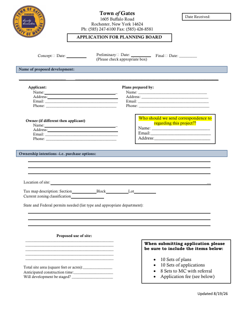 First page of the Application for Planning Board