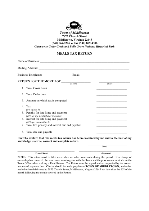 First page of the Meals Tax Return