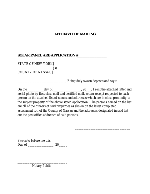 First page of the Solar Panel Application Affidavit of Mailing