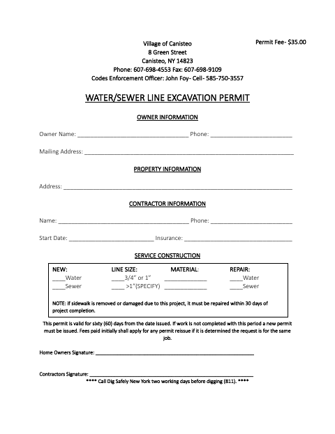 First page of the Water/Sewer Line Excavation Permit