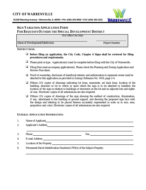 First page of the Sign Variation Application