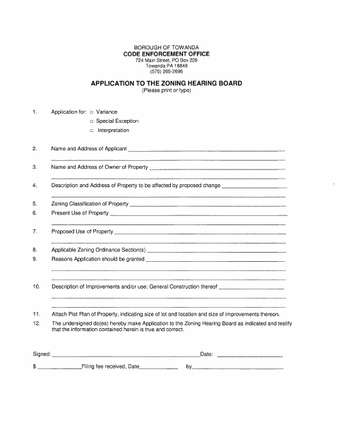 First page of the Zoning Hearing Board Application