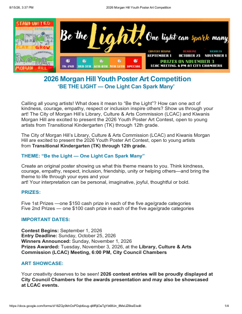 First page of the 2026 Youth Poster Art Contest Entry Form