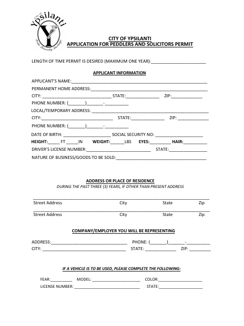First page of the Application for Peddlers and Solicitors Permit