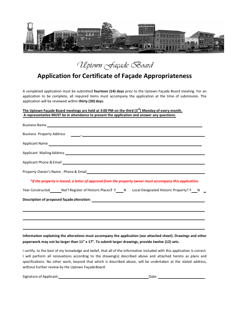 First page of the Uptown Façade Board Application for Certificate of Façade Appropriateness