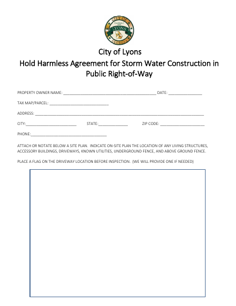 First page of the Hold Harmless Agreement for Storm Water Construction