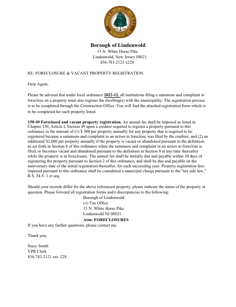 First page of the Foreclosure Property Registration