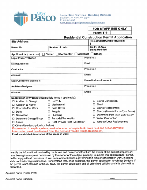 First page of the Residential Construction Permit Application