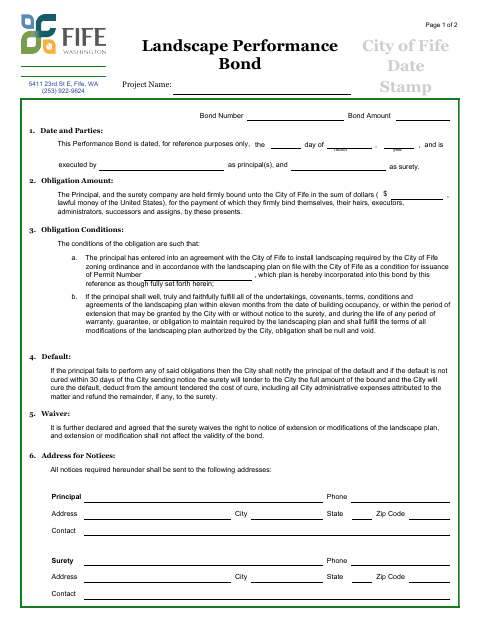 First page of the Landscape Performance Bond
