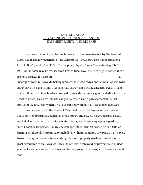 First page of the Private Property Owner Grant of Easement Rights and Release