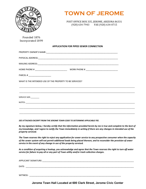 First page of the Application for Piped Sewer Connection