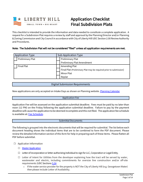 First page of the Subdivision Plat Checklist and Recordation Affidavit