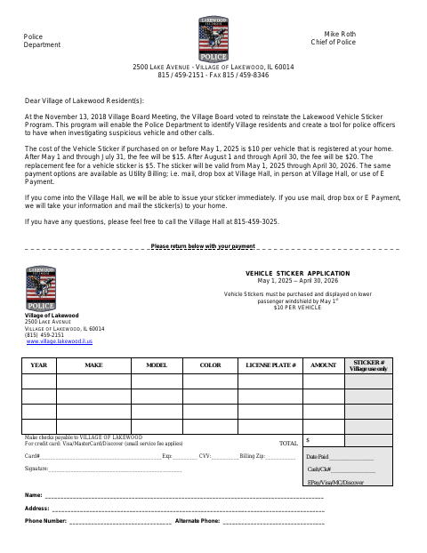 First page of the Vehicle Sticker Application