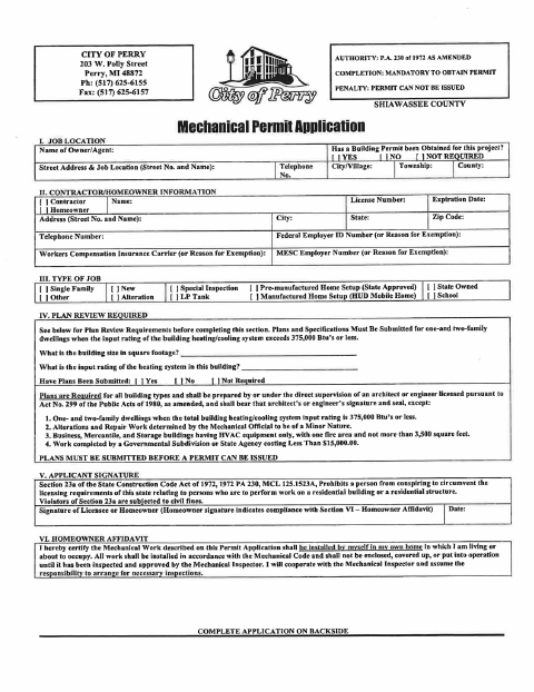 First page of the Mechanical Permit Application