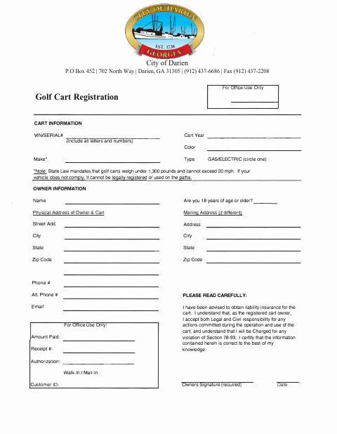 First page of the Golf Cart Registration