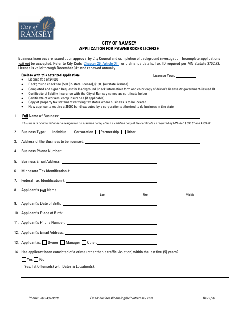 First page of the Pawnbroker License Application