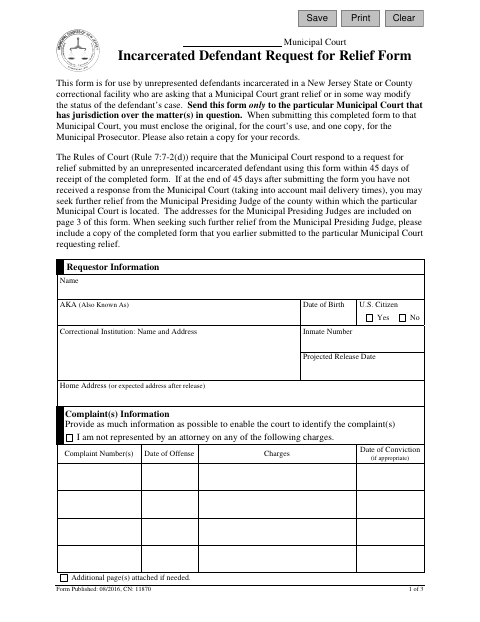 First page of the Incarcerated Defendant Request for Relief Form