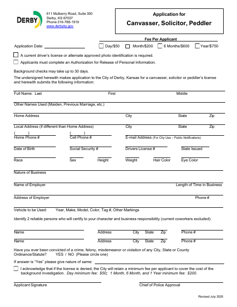 First page of the Canvasser, Solicitor, or Peddler Application