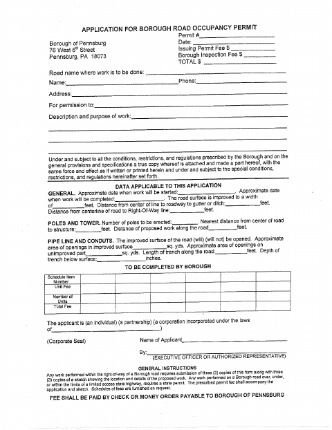 First page of the Borough Road Occupancy Permit Application