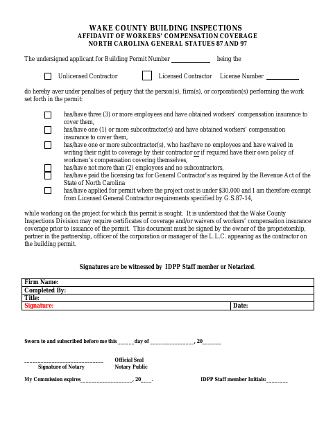 First page of the Affidavit of Workers’ Compensation Coverage