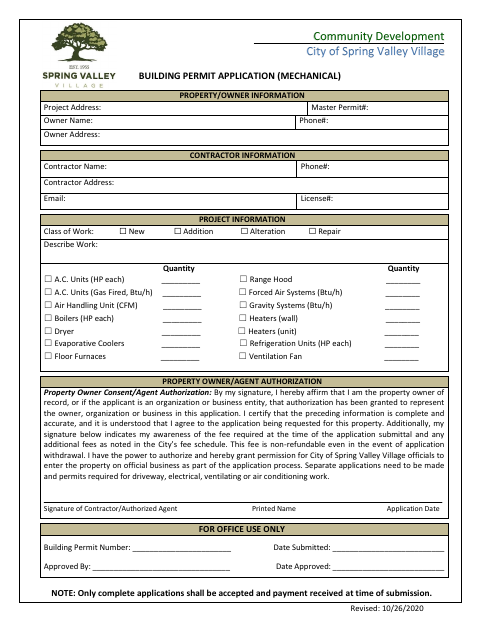 First page of the Building Permit Application (Mechanical)