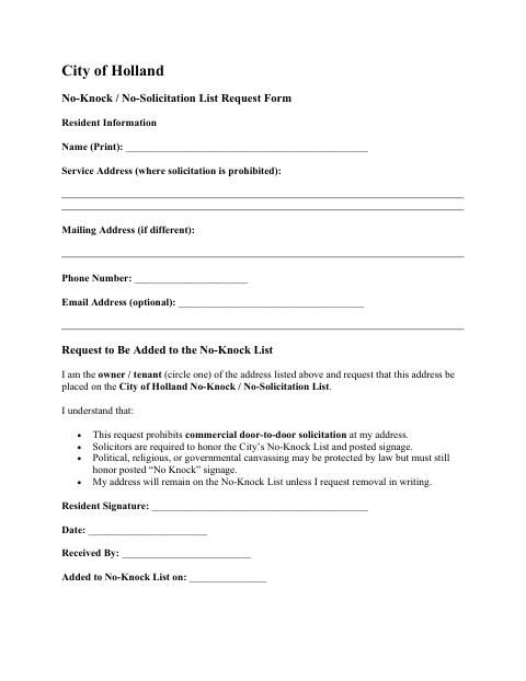 First page of the No-Knock / No-Solicitation List Request Form