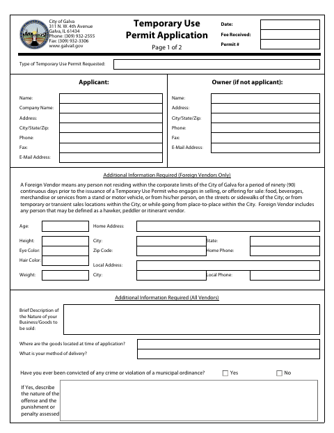 First page of the Temporary Use Permit Application