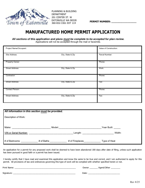 First page of the Manufactured Home Permit Application