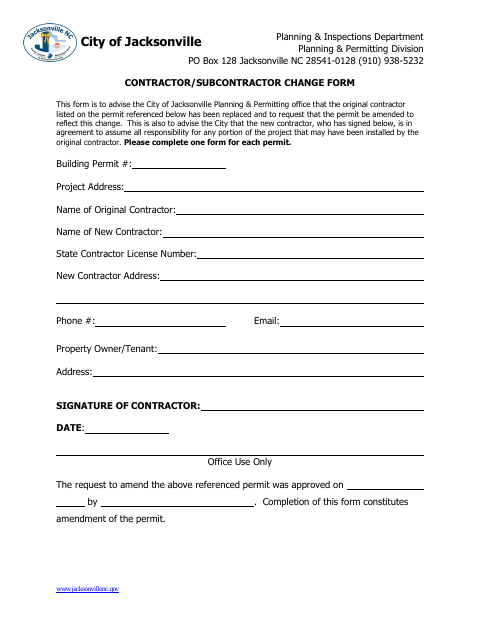 First page of the Contractor/Subcontractor Change Form