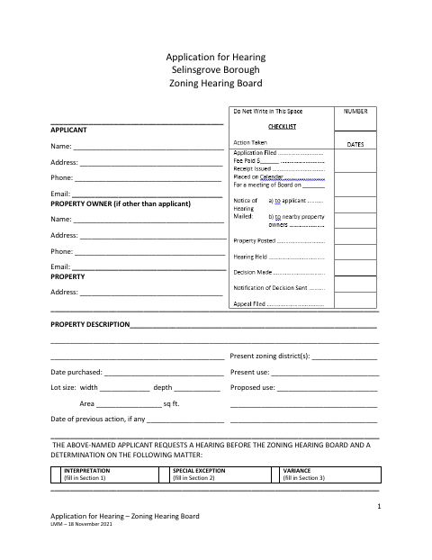 First page of the Application for Hearing
