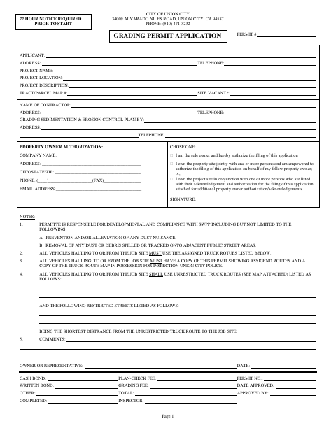First page of the Grading Permit Application Form