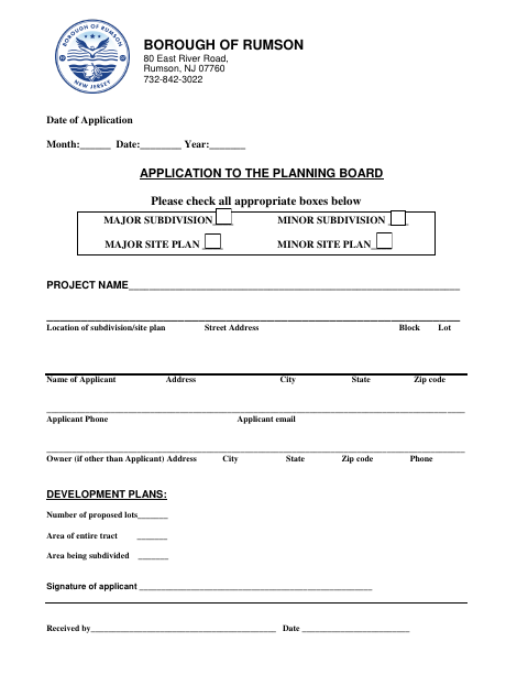 First page of the Planning Board Application