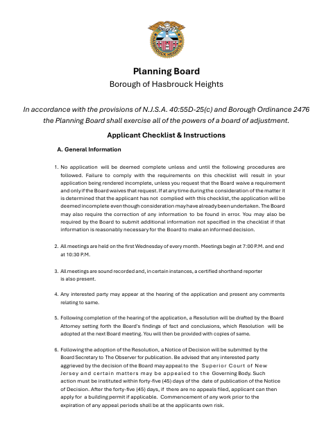 First page of the Planning Board Application