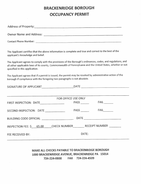 First page of the Occupancy Permit Application