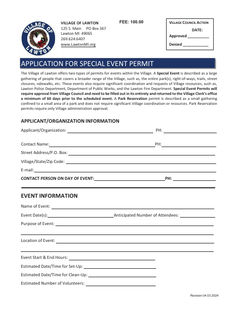 First page of the Special Event Permit Application