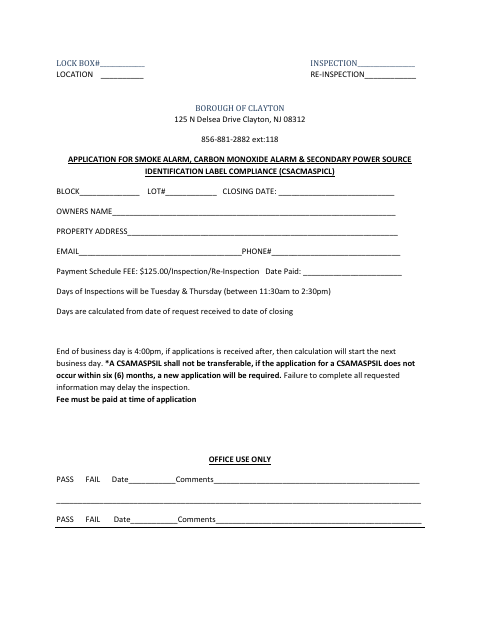 First page of the Smoke Alarm, Carbon Monoxide Alarm & Secondary Power Source Identification Label Compliance Application