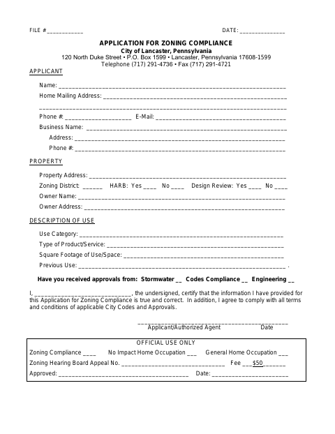 First page of the Zoning Compliance Application